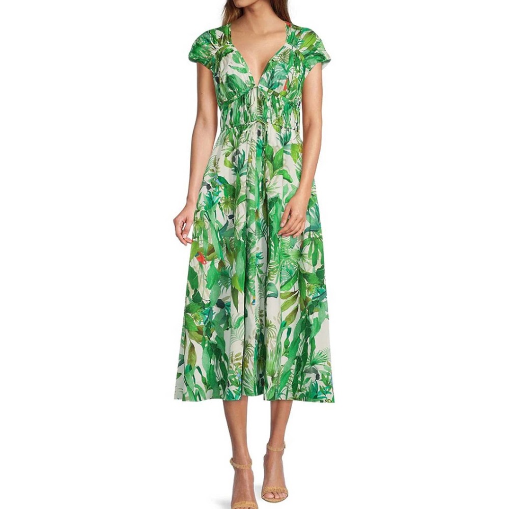NWT - ANTONIO MELANI Victoria Tropical Print Poplin V-Neck Midi Dress, Sz 6